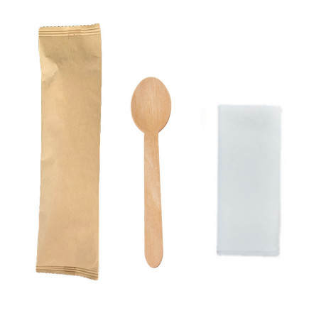 Eco Friendly Compostable Disposable Wooden Utensils Spoon 6 Inch with Napkin